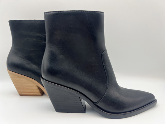 Tacones altos de madera sólidos de la pintura de espray, botas para mujer de cuero del vestido del nappa suave negro de la vaca, botas del tobillo de la punta puntiaguda
