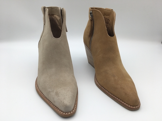 botas para mujer con la cremallera metálica, botas del vestido del ante marrón de la vaca del tobillo del talón del ABS de la punta puntiaguda