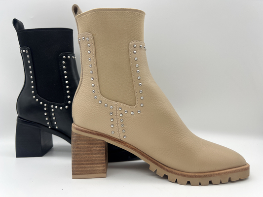 Broncee las botas para mujer de cuero del tobillo del vestido de la vaca suave con los pernos prisioneros del eje en el metal, talón cuadrado del ABS, outsole de TPR con el látex pusable