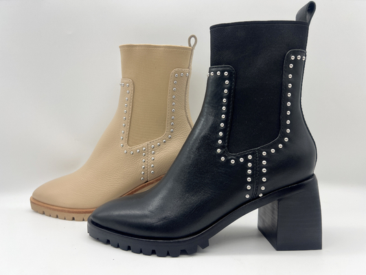 Broncee las botas para mujer de cuero del tobillo del vestido de la vaca suave con los pernos prisioneros del eje en el metal, talón cuadrado del ABS, outsole de TPR con el látex pusable