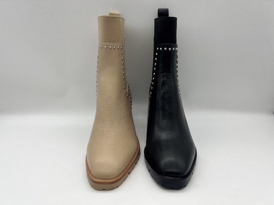 Broncee las botas para mujer de cuero del tobillo del vestido de la vaca suave con los pernos prisioneros del eje en el metal, talón cuadrado del ABS, outsole de TPR con el látex pusable