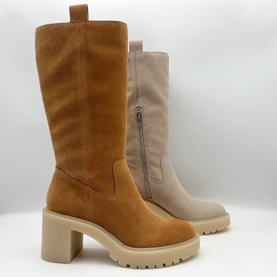 Botas para mujer del vestido del ante suave de Brown con 3/4 cremallera metálica del ykk, una pieza del outsole de TPR