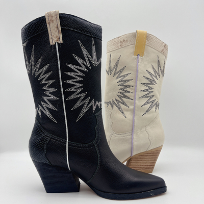 botas para mujer de cuero suaves del vestido de grano del lichi con el modelo del bordado del sol, talón macizo del ABS cuadrado con el outsole de TPR