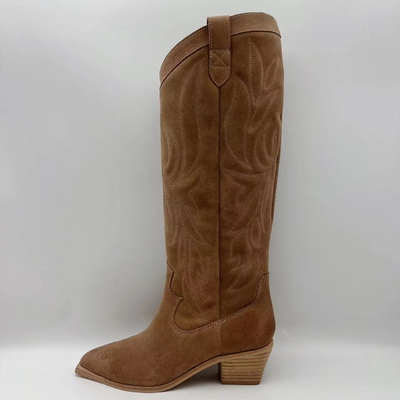 Botas para mujer de cuero auténticas del vestido del ante suave de la vaca de Brown, outsole de TPR con el talón del ABS