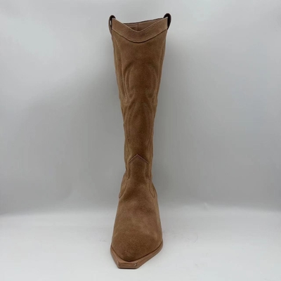 Botas para mujer de cuero auténticas del vestido del ante suave de la vaca de Brown, outsole de TPR con el talón del ABS