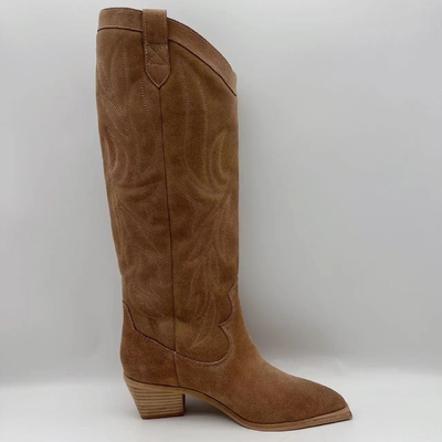 Botas para mujer de cuero auténticas del vestido del ante suave de la vaca de Brown, outsole de TPR con el talón del ABS