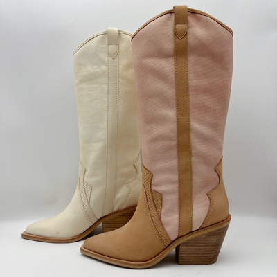 ante suave de la vaca con la lona suave del bordado, botas para mujer del vestido del alto tobillo de la punta puntiaguda