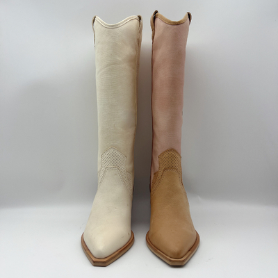 ante suave de la vaca con la lona suave del bordado, botas para mujer del vestido del alto tobillo de la punta puntiaguda