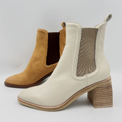 Las botas redondas del vestido de Toe Ankle Boots Womens Leather broncean/beige con la banda elástica