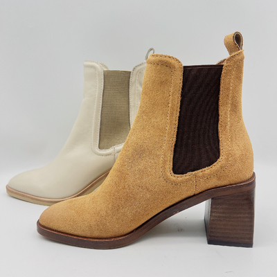 Las botas redondas del vestido de Toe Ankle Boots Womens Leather broncean/beige con la banda elástica