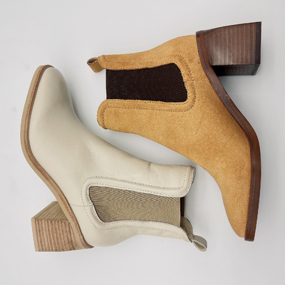 Las botas redondas del vestido de Toe Ankle Boots Womens Leather broncean/beige con la banda elástica