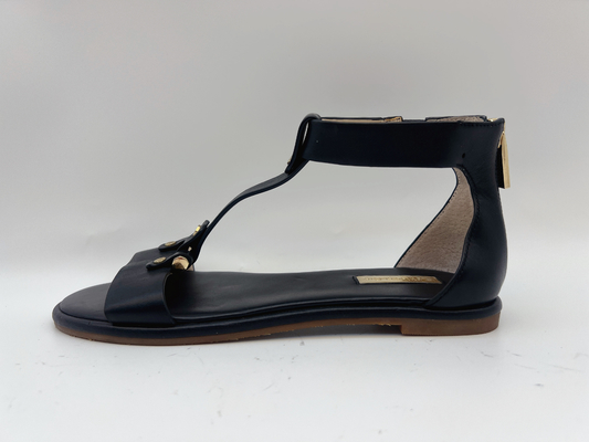 Los zapatos planos T de la correa negra de las señoras miran furtivamente Toe Soft Nappa Genuine Leather Roman Sandals retro