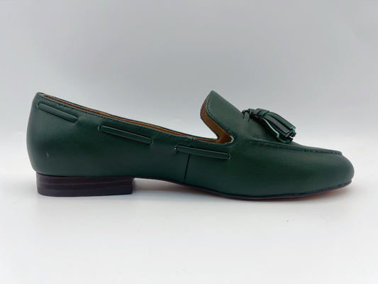 Holgazanes verde oscuro para mujer del resbalón de los zapatos de cuero del plano de la moda no