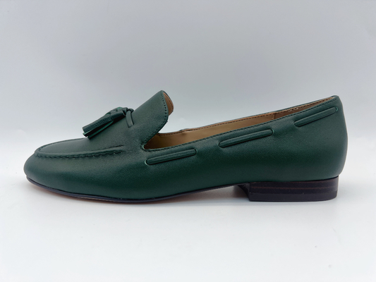 Holgazanes verde oscuro para mujer del resbalón de los zapatos de cuero del plano de la moda no