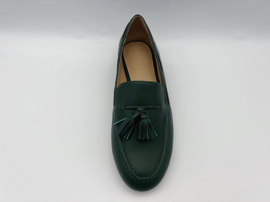 Holgazanes verde oscuro para mujer del resbalón de los zapatos de cuero del plano de la moda no