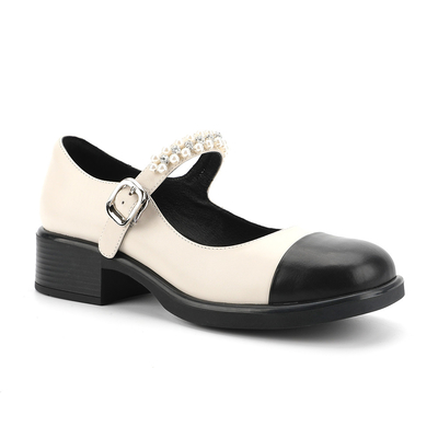 Costura blanco y negro de Toe Womens Leather Flat Shoes del abrigo principal redondo