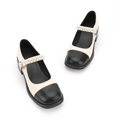 Costura blanco y negro de Toe Womens Leather Flat Shoes del abrigo principal redondo