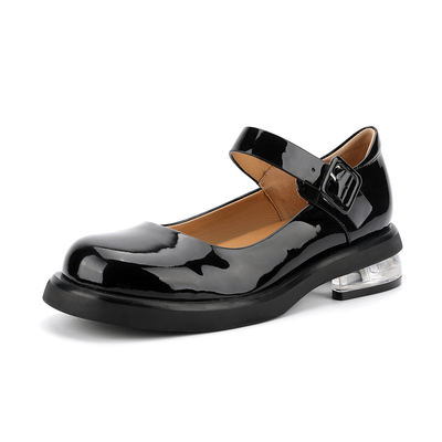 Zapatos de cuero auténticos negros cómodos de las mujeres alrededor de Mary Jane Low Heels principal
