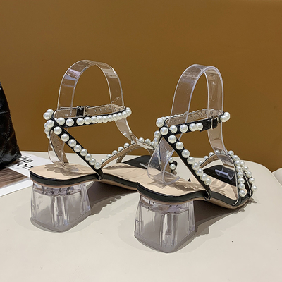 Señora gruesa Sandals Pearl Beautiful de Soled del alto talón cuadrado transparente nueva