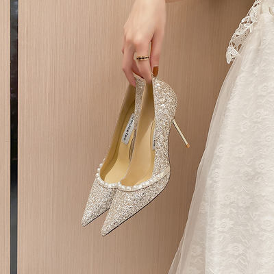 Bombas de la boda de las señoras de la primavera, perla brillante de oro Crystal Shoes de la zalea