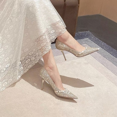Bombas de la boda de las señoras de la primavera, perla brillante de oro Crystal Shoes de la zalea