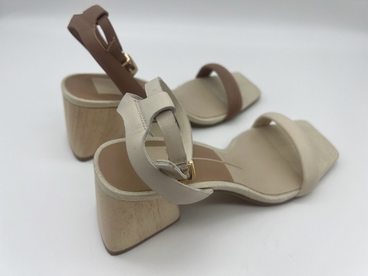 Toe Sandals cerrado beige durable, cuadrado inclinado de madera real Toe Ankle Strap Sandals