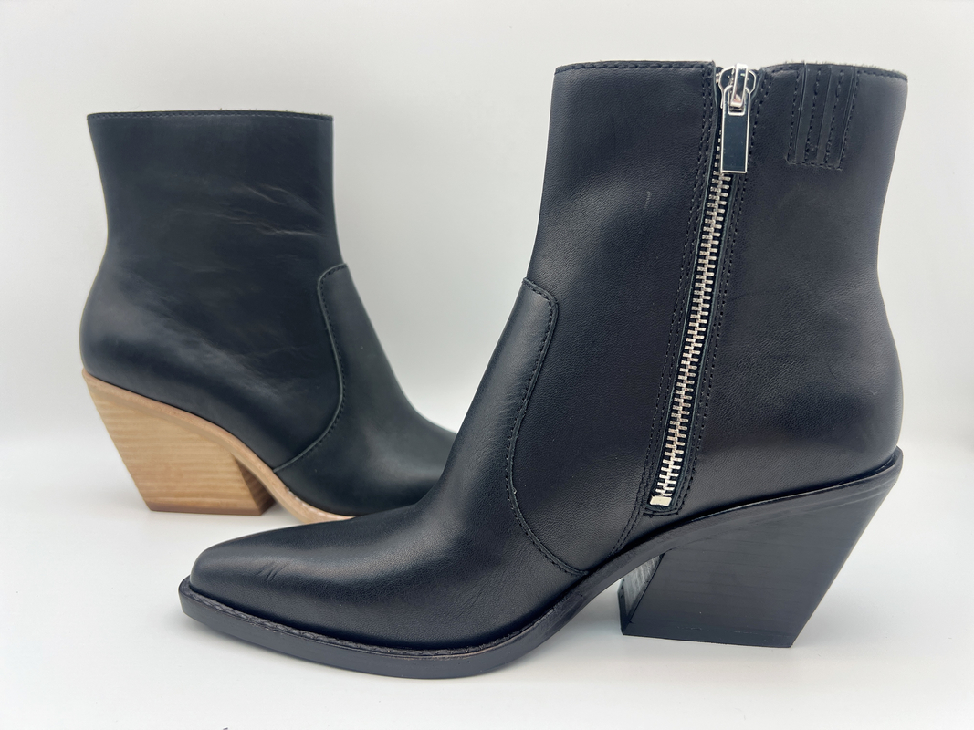 Tacones altos de madera sólidos de la pintura de espray, botas para mujer de cuero del vestido del nappa suave negro de la vaca, botas del tobillo de la punta puntiaguda