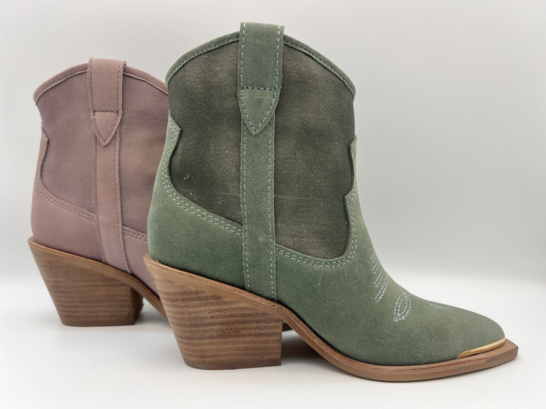 botas para mujer superiores del ante de la vaca y del vestido de la lona, diseño del emboridery de la flor superior, cubierta del dedo del pie del metal y talón del ABS