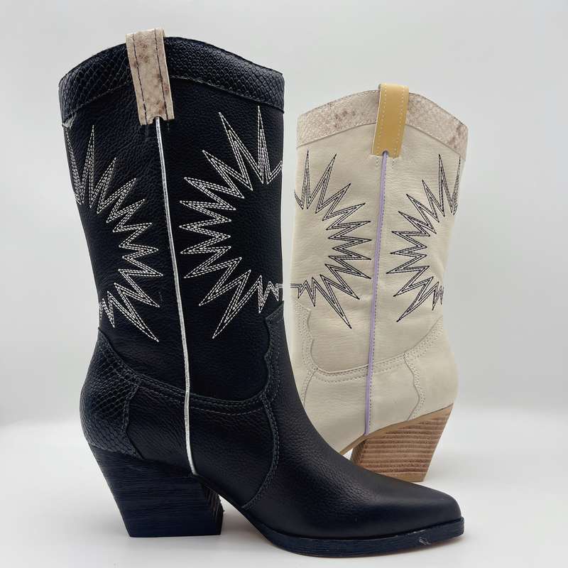 botas para mujer de cuero suaves del vestido de grano del lichi con el modelo del bordado del sol, talón macizo del ABS cuadrado con el outsole de TPR