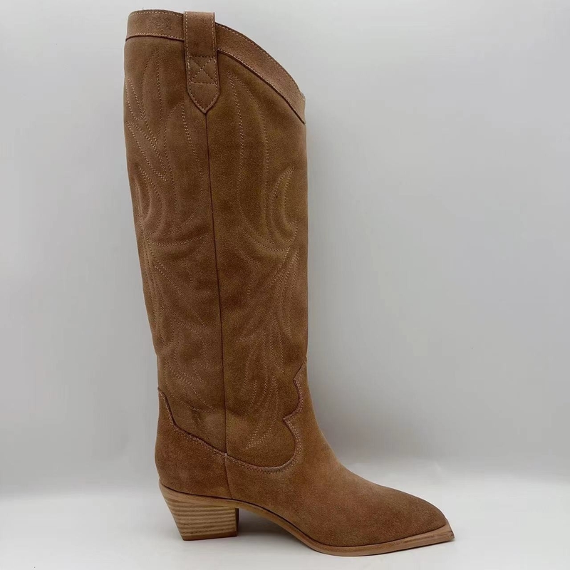 Botas para mujer de cuero auténticas del vestido del ante suave de la vaca de Brown, outsole de TPR con el talón del ABS