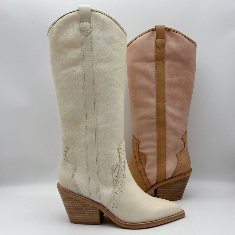 ante suave de la vaca con la lona suave del bordado, botas para mujer del vestido del alto tobillo de la punta puntiaguda